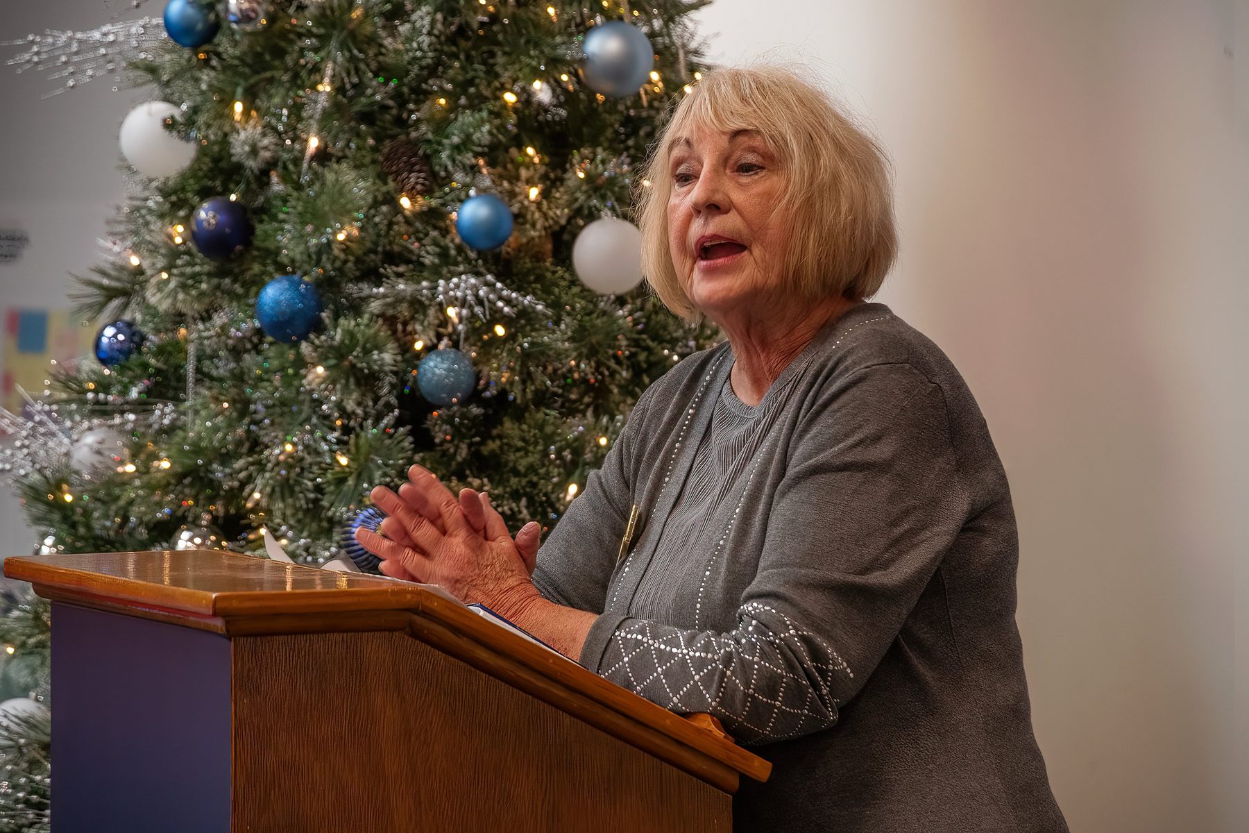 A speaker addresses members at a museum reception